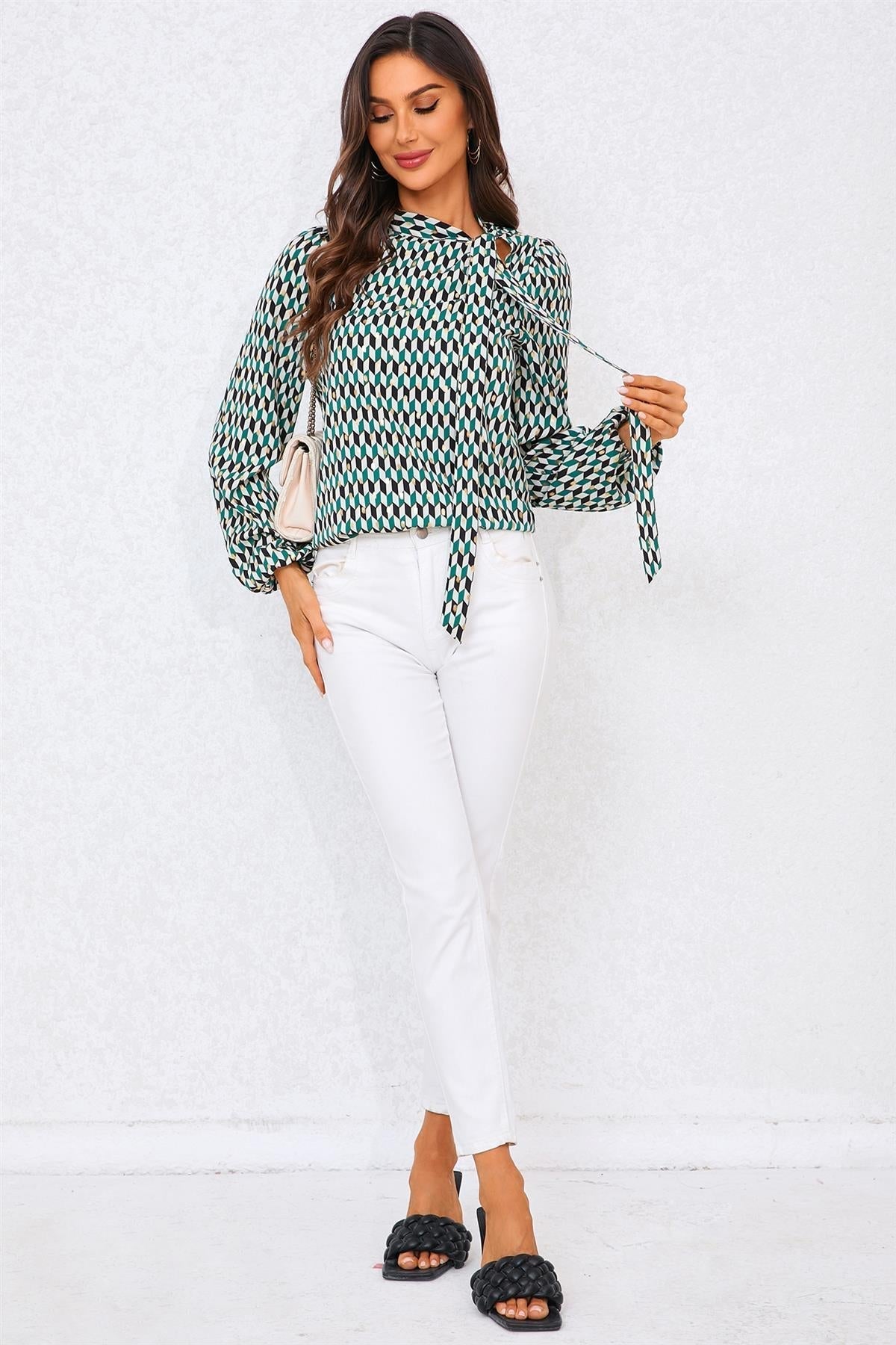 Geo Print Side Tie Blouse Top In Green - AXON