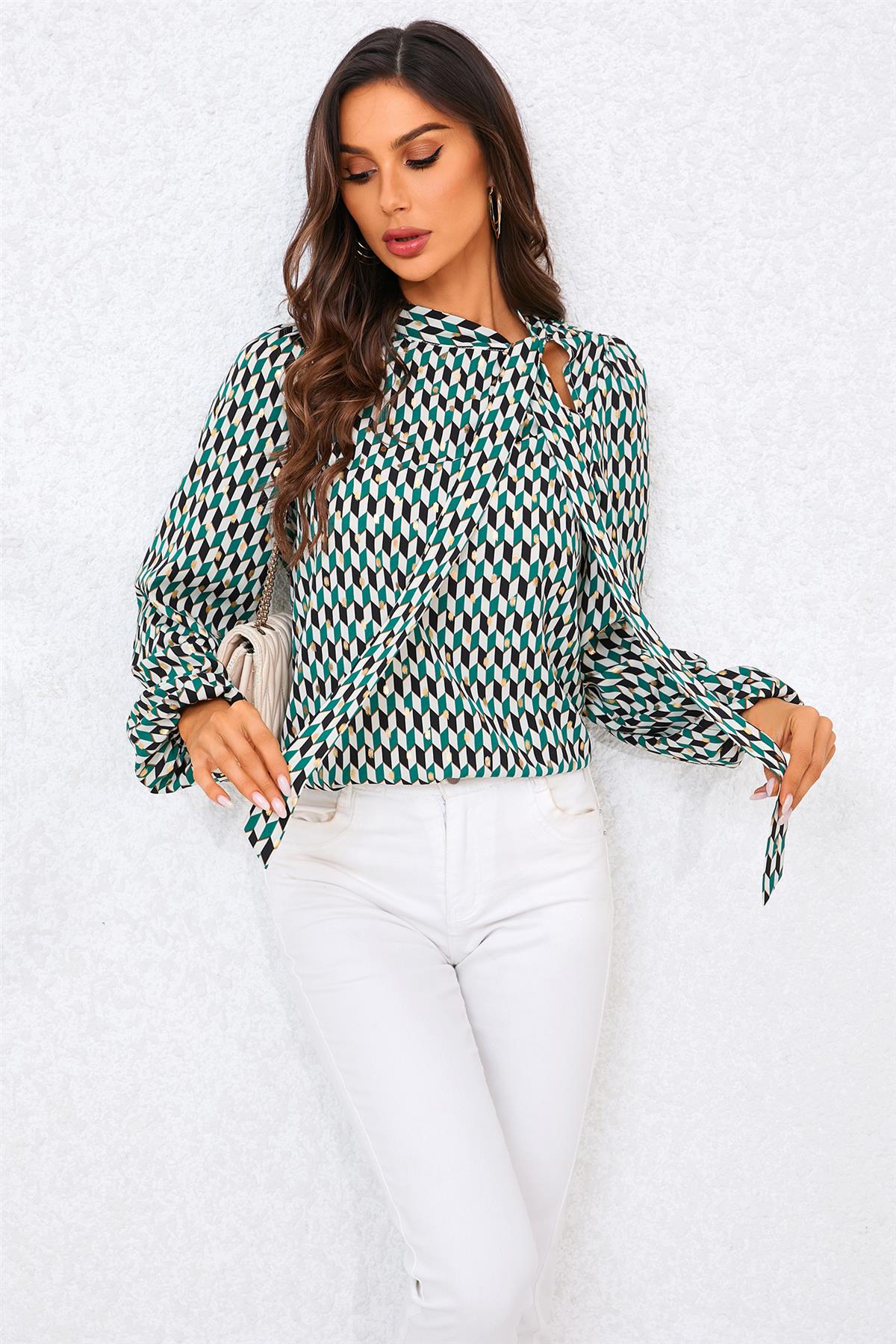 Geo Print Side Tie Blouse Top In Green - AXON