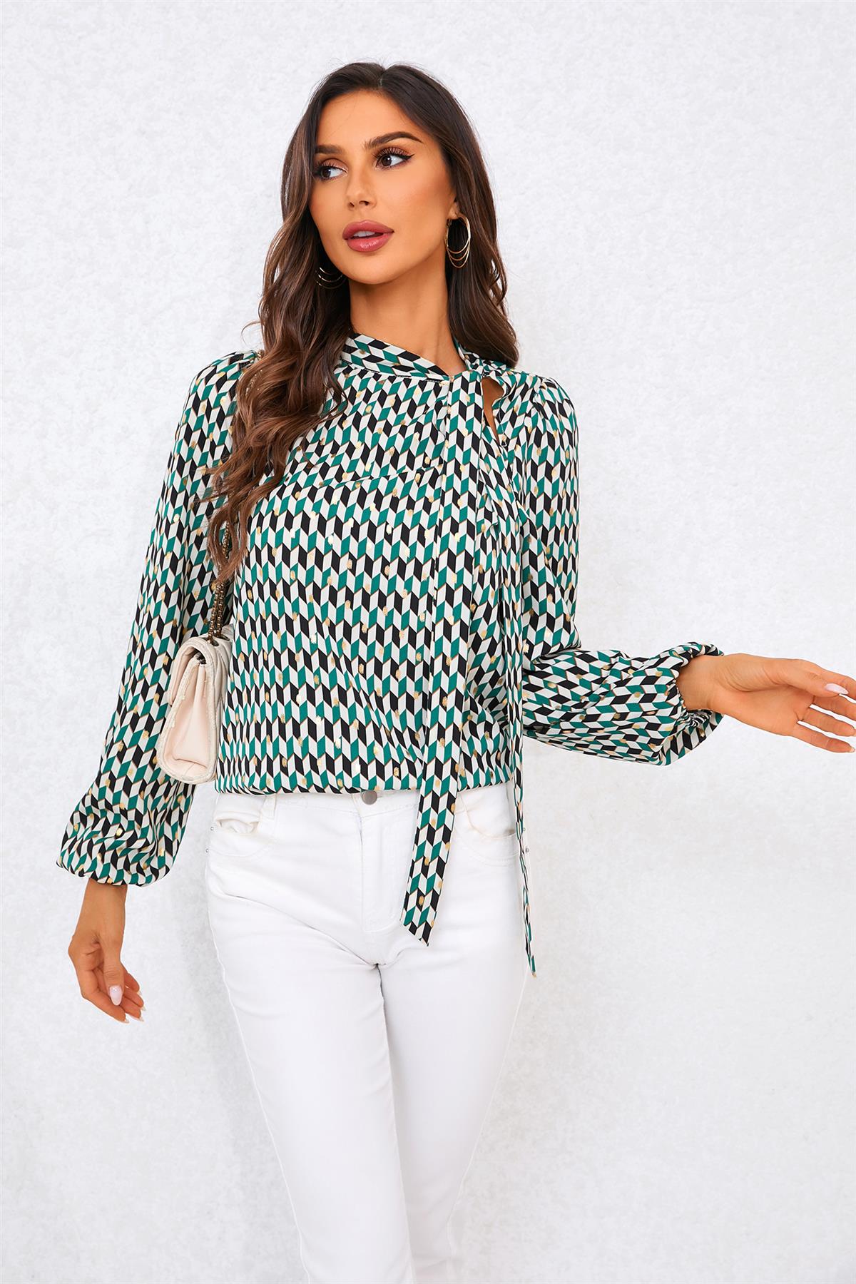 Geo Print Side Tie Blouse Top In Green - AXON
