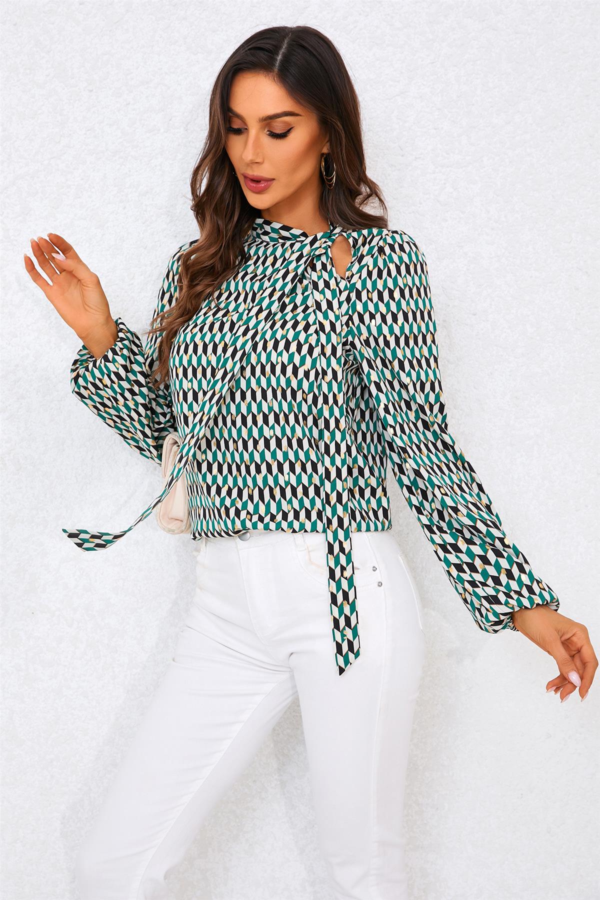 Geo Print Side Tie Blouse Top In Green - AXON