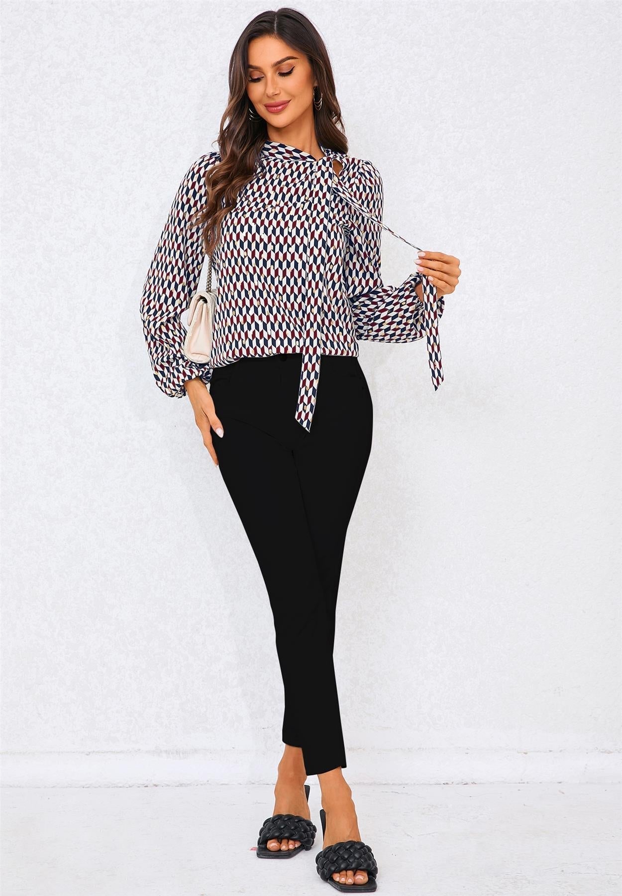 Geo Print Side Tie Blouse Top In Wine - AXON