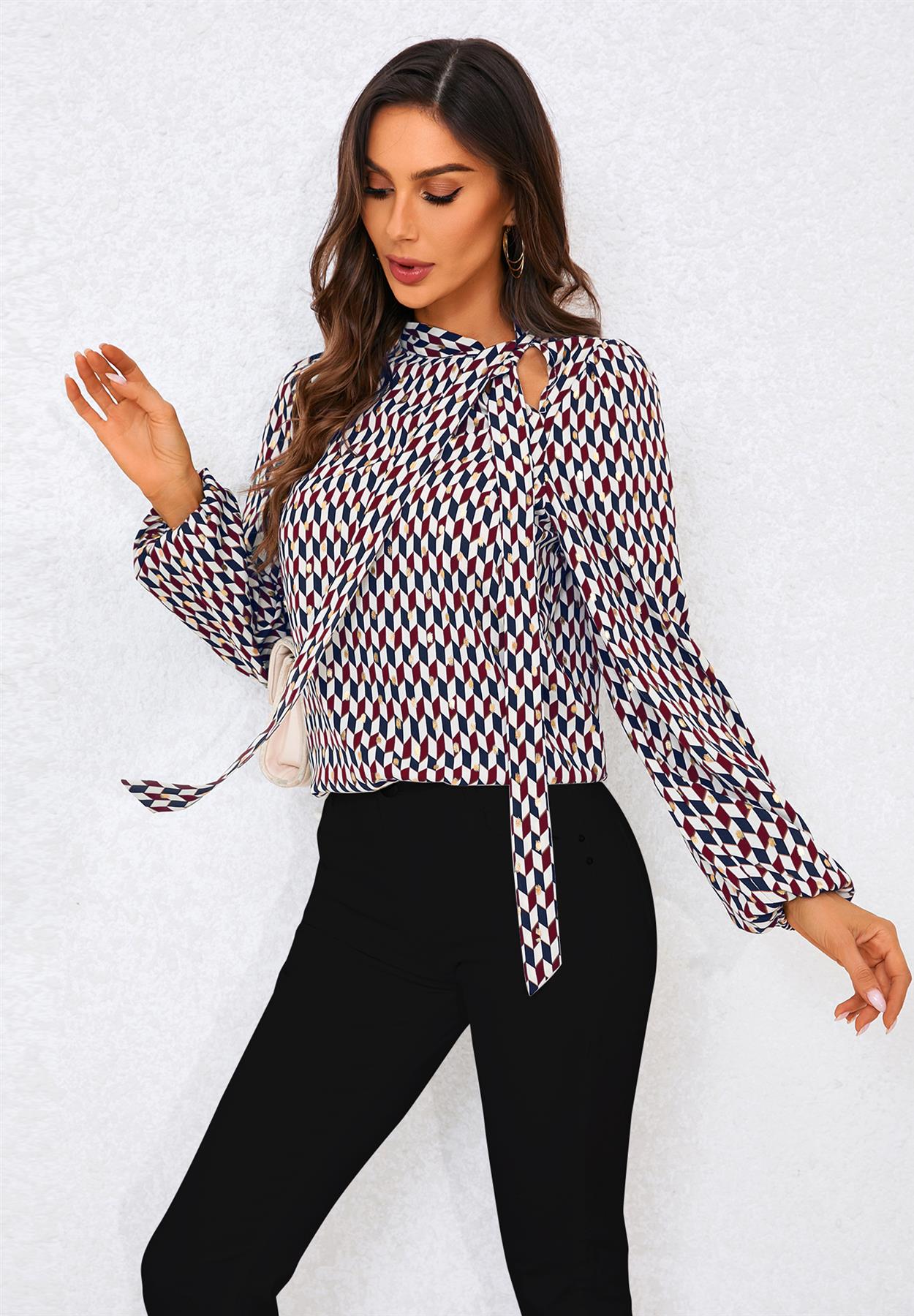 Geo Print Side Tie Blouse Top In Wine - AXON