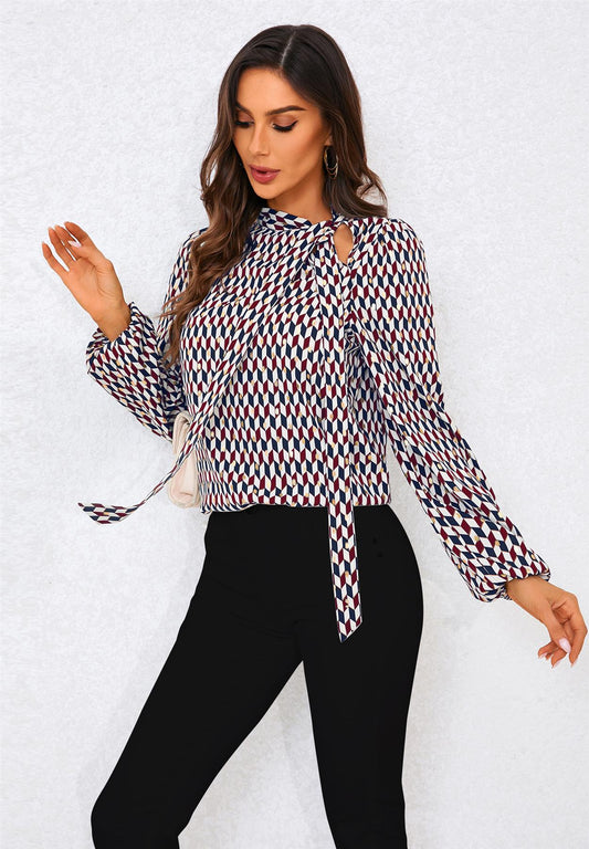 Geo Print Side Tie Blouse Top In Wine - AXON