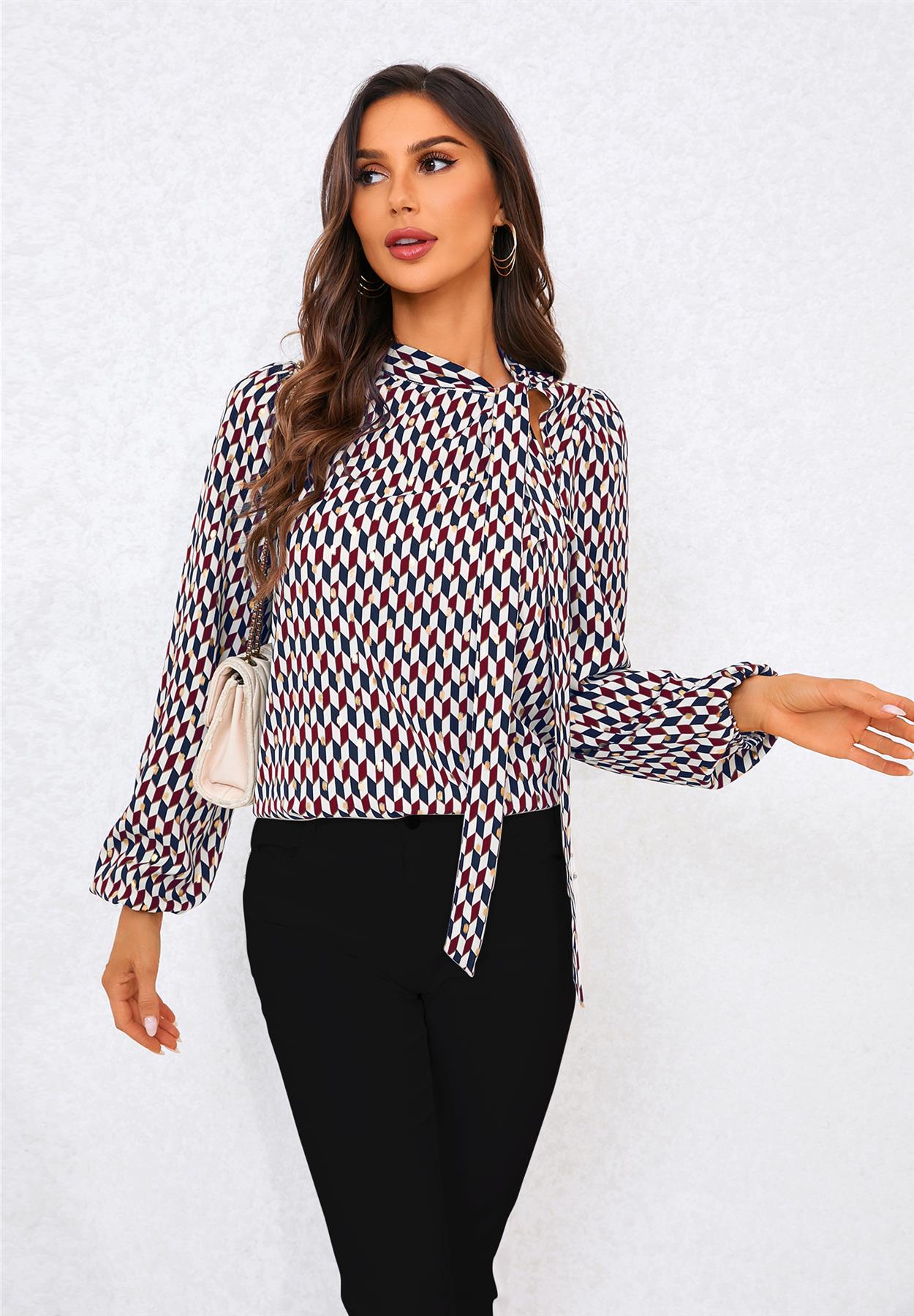 Geo Print Side Tie Blouse Top In Wine - AXON