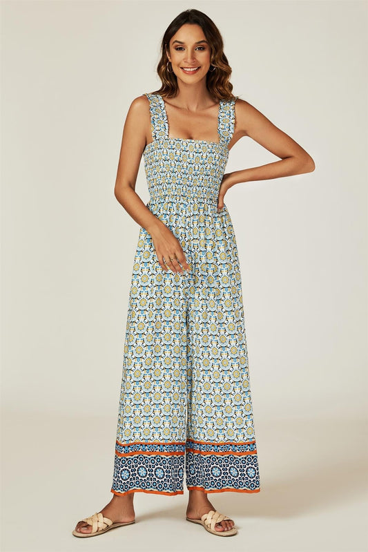 Geo Print Stretchy Smocked Wide Leg Jumpsuit In Blue - AXON