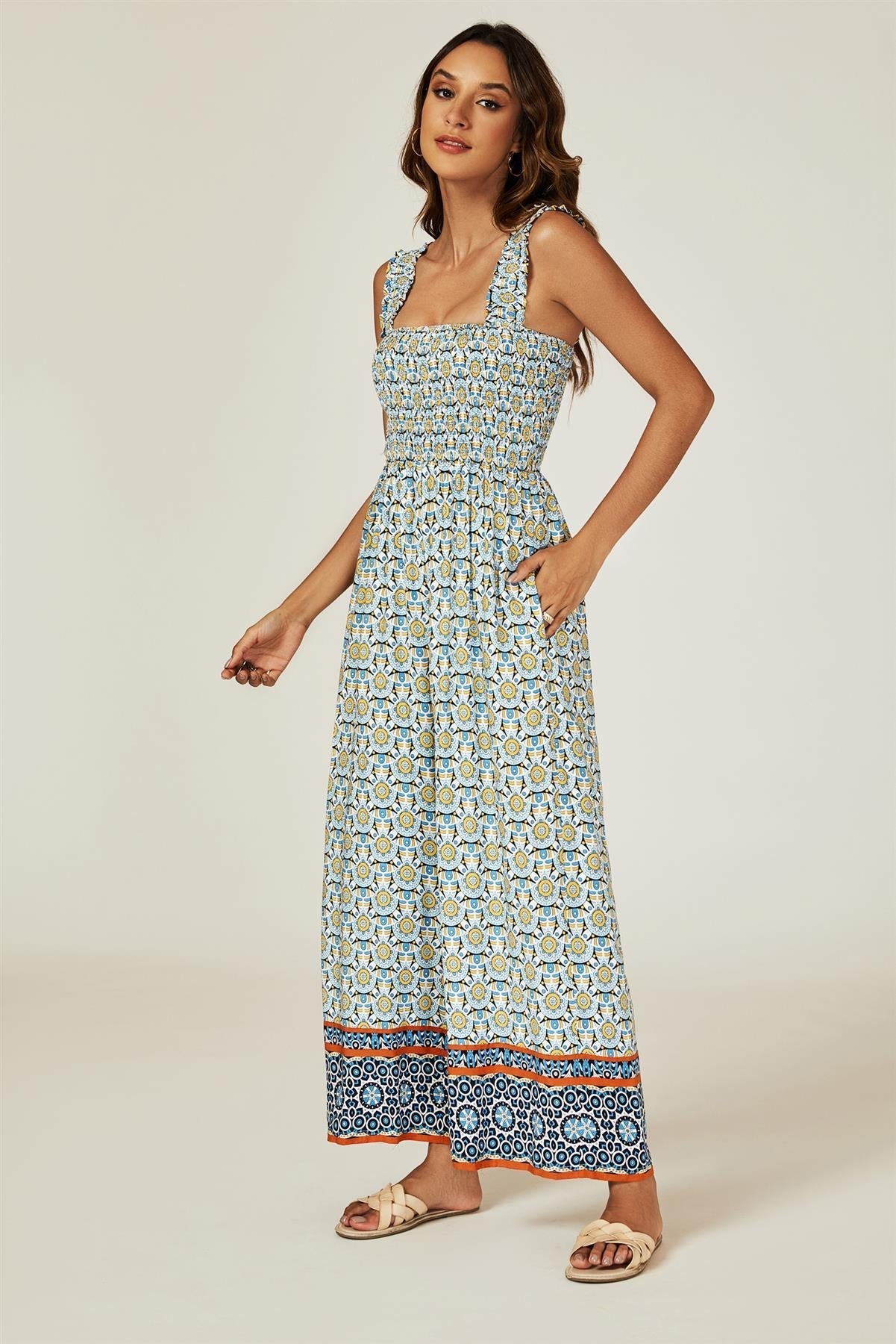 Geo Print Stretchy Smocked Wide Leg Jumpsuit In Blue - AXON