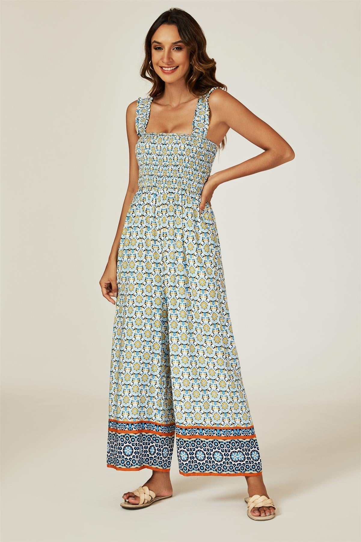 Geo Print Stretchy Smocked Wide Leg Jumpsuit In Blue - AXON