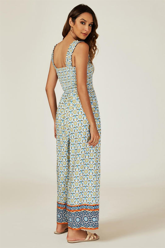 Geo Print Stretchy Smocked Wide Leg Jumpsuit In Blue - AXON