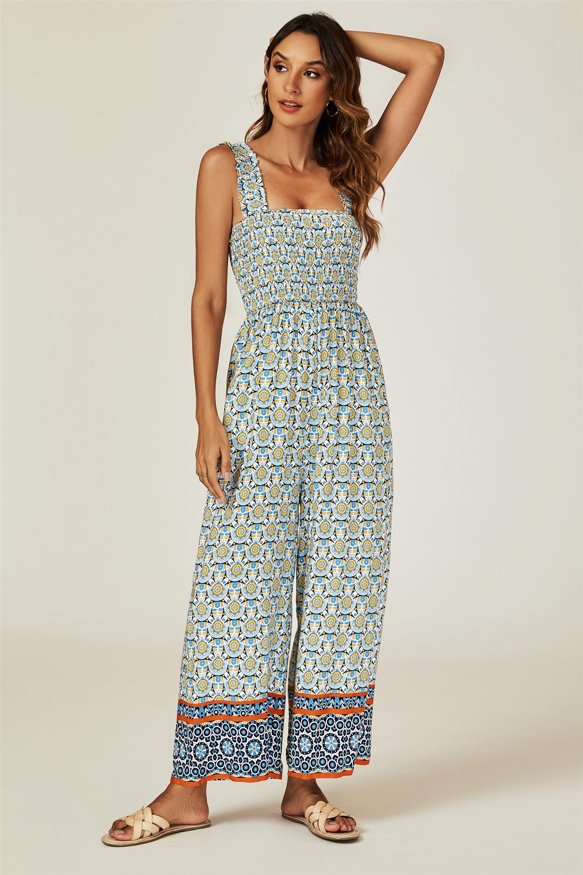 Geo Print Stretchy Smocked Wide Leg Jumpsuit In Blue - AXON