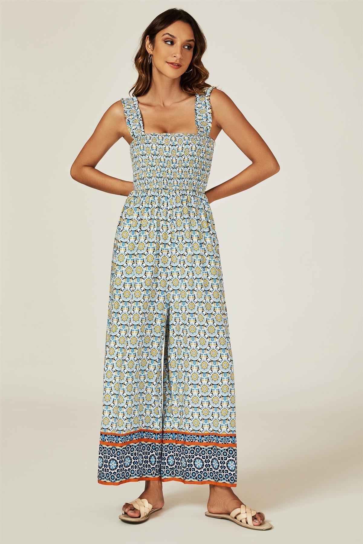 Geo Print Stretchy Smocked Wide Leg Jumpsuit In Blue - AXON