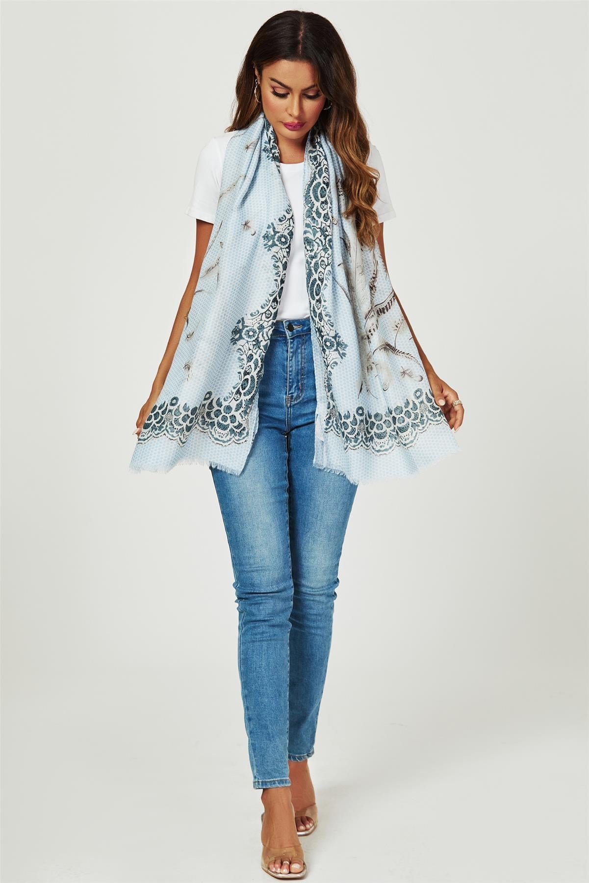 Geometric & Feather & Lace Print Scarf In Blue - AXON