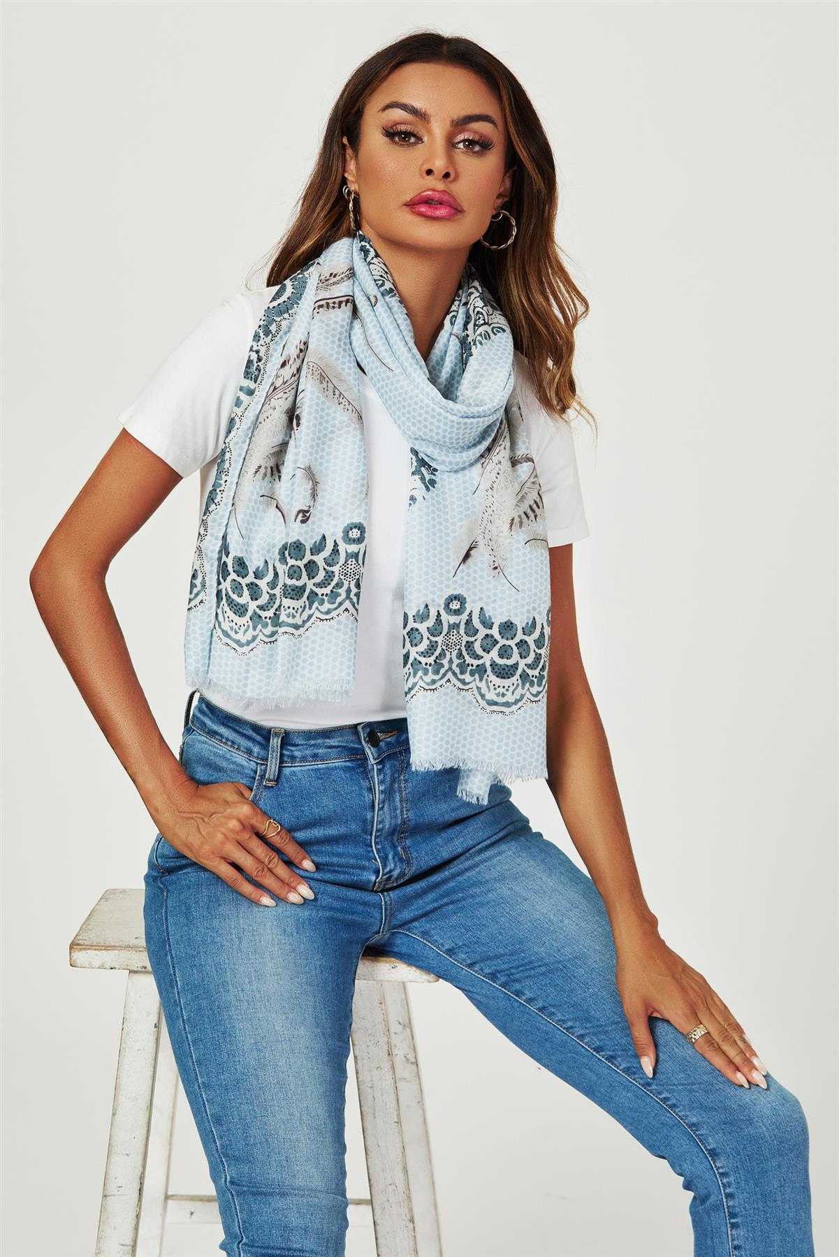 Geometric & Feather & Lace Print Scarf In Blue - AXON