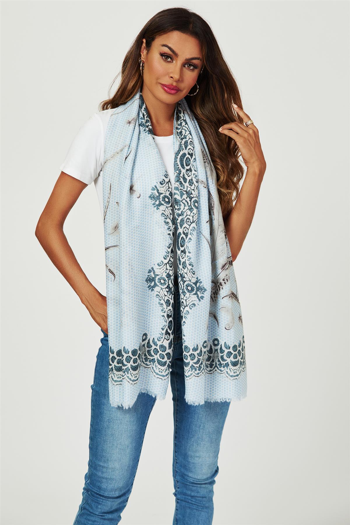 Geometric & Feather & Lace Print Scarf In Blue - AXON