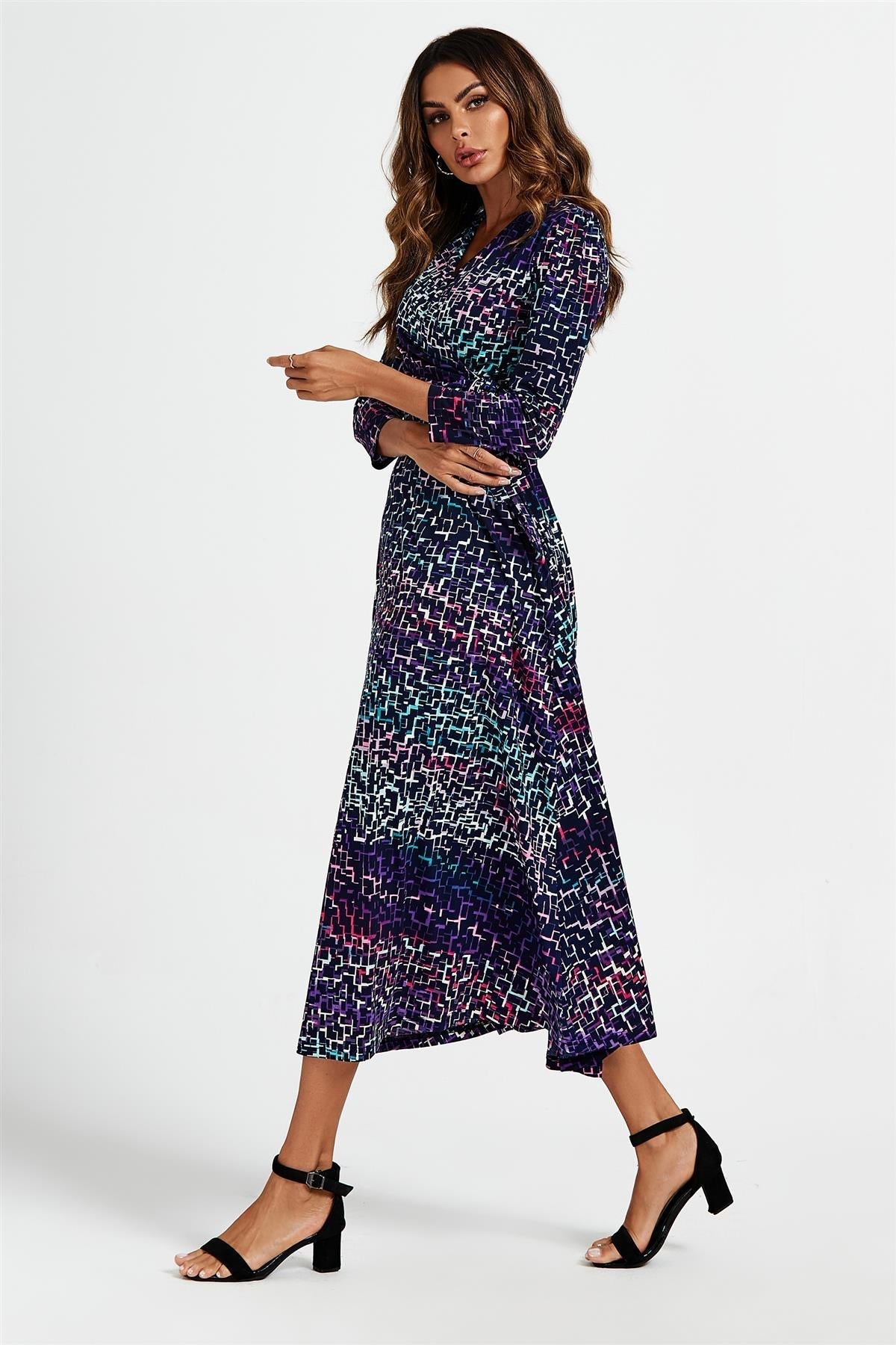 Geometric Print Wrap Top Midi Dress In Navy - AXON