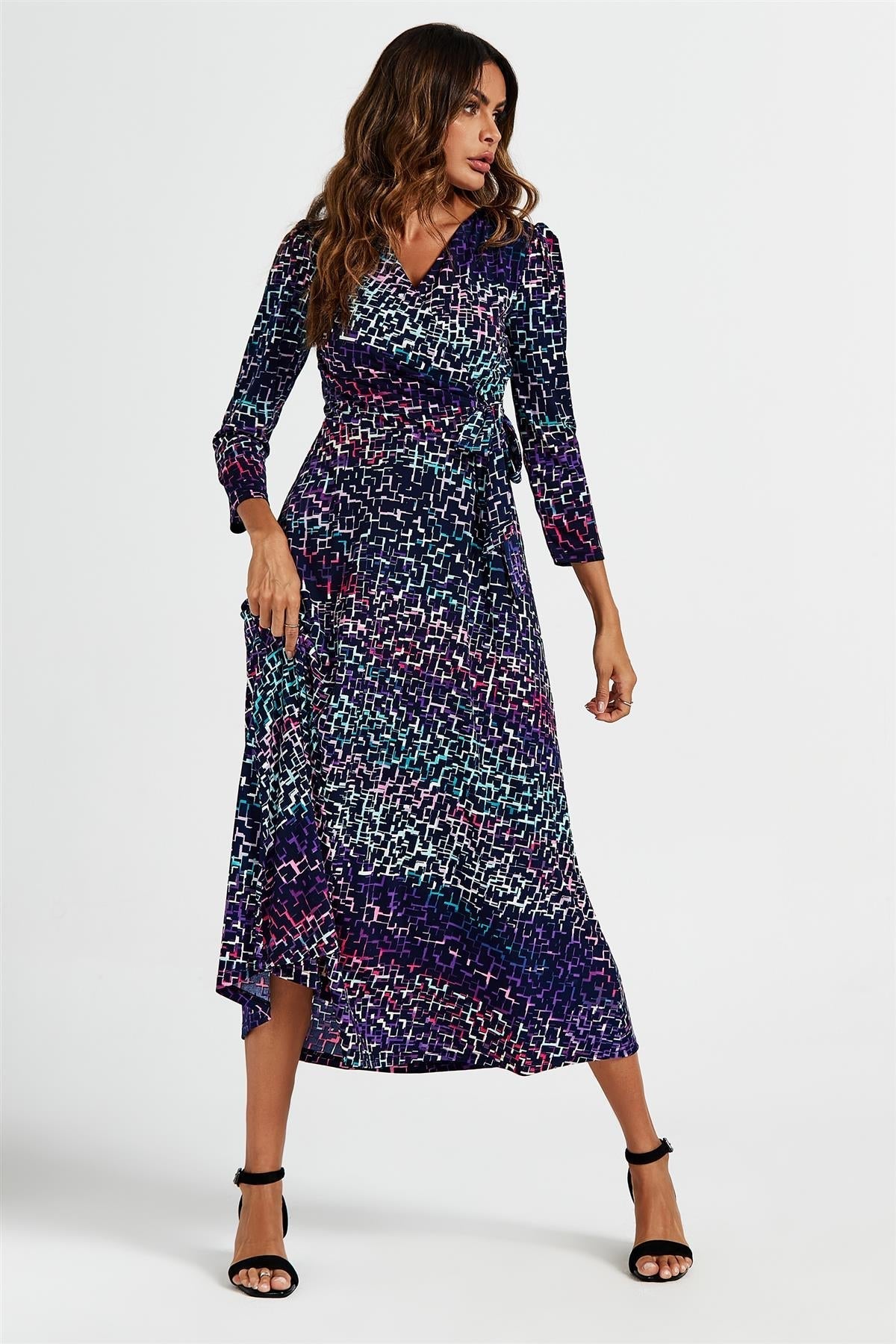 Geometric Print Wrap Top Midi Dress In Navy - AXON