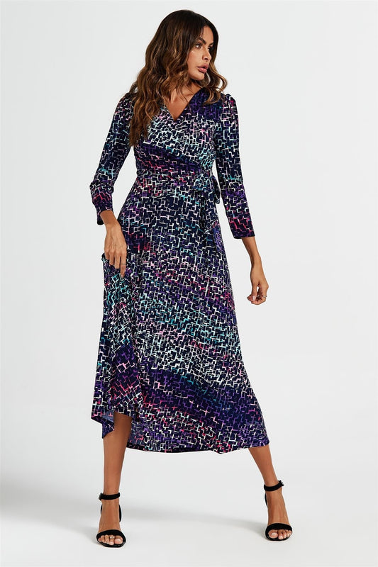 Geometric Print Wrap Top Midi Dress In Navy - AXON