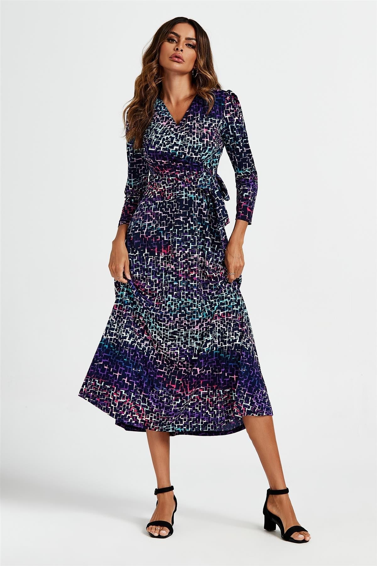 Geometric Print Wrap Top Midi Dress In Navy - AXON