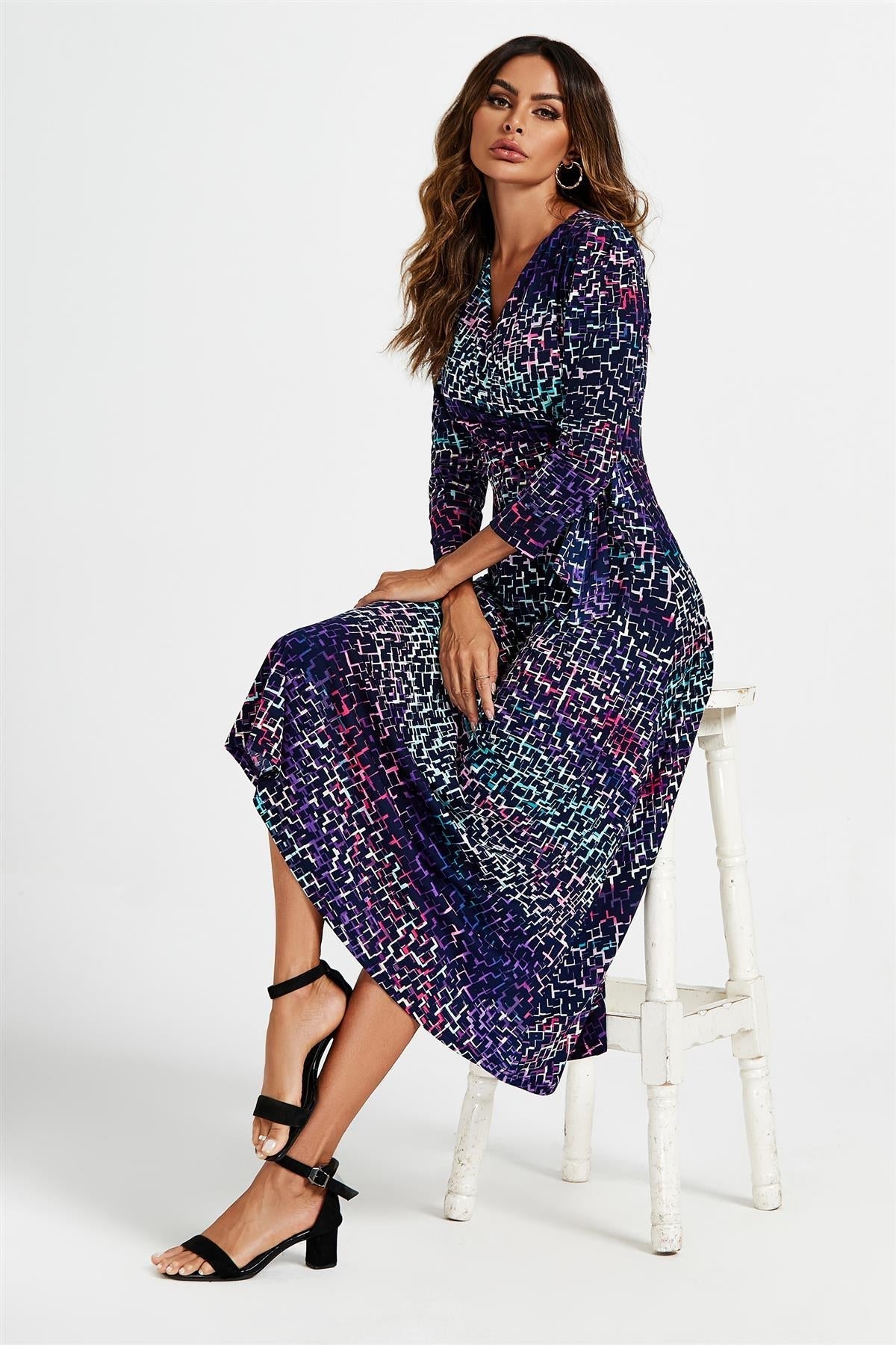 Geometric Print Wrap Top Midi Dress In Navy - AXON