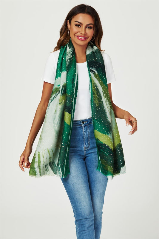 Gold Foil Abstract Brush Print Fringed edges Scarf In Green - AXON