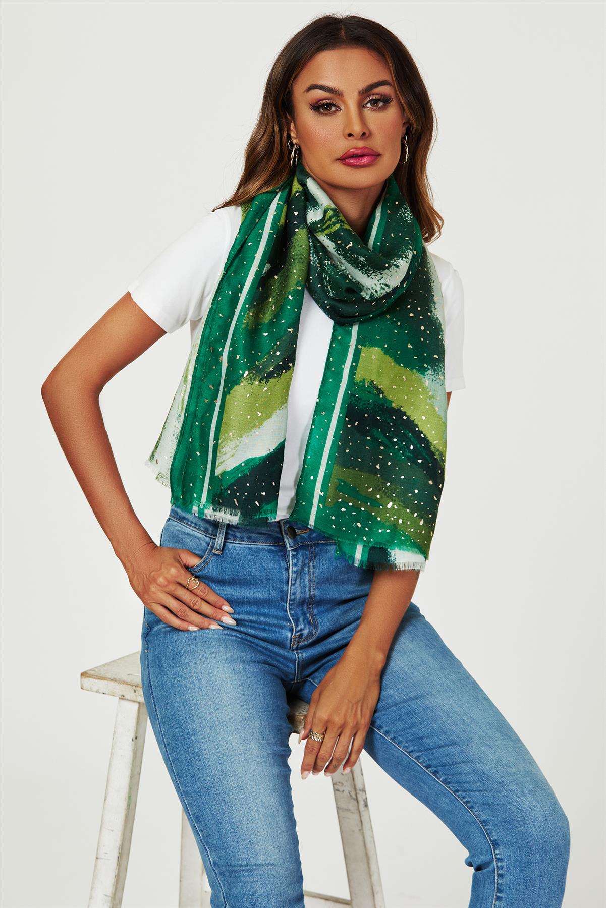 Gold Foil Abstract Brush Print Fringed edges Scarf In Green - AXON