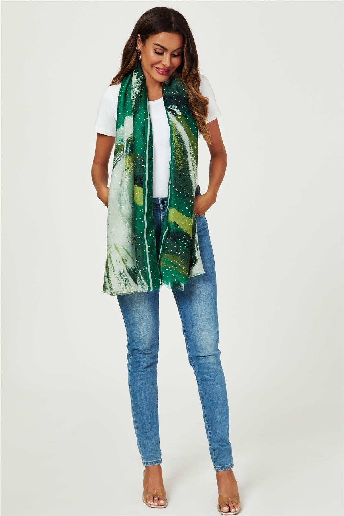 Gold Foil Abstract Brush Print Fringed edges Scarf In Green - AXON
