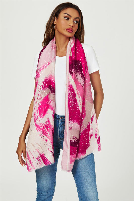 Gold Foil Abstract Brush Print Fringed edges Scarf In Pink - AXON