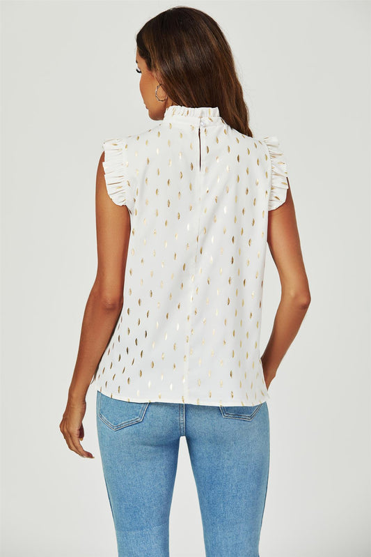 Gold Foil Frill Trim Sleeve High Neck Blouse Top In Cream - AXON