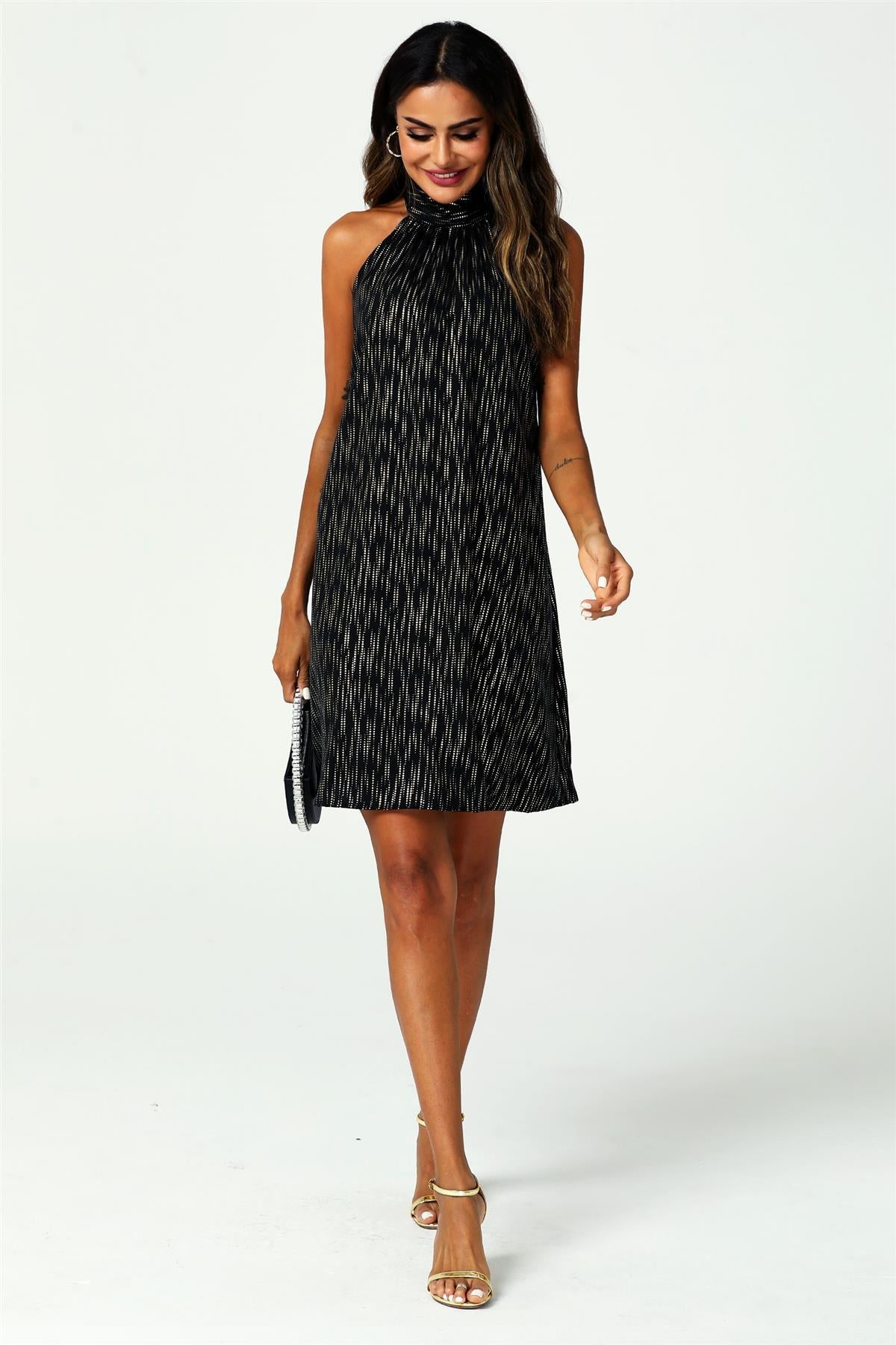 Gold Foil Halter Neck Tie Back Mini Dress In Black - AXON