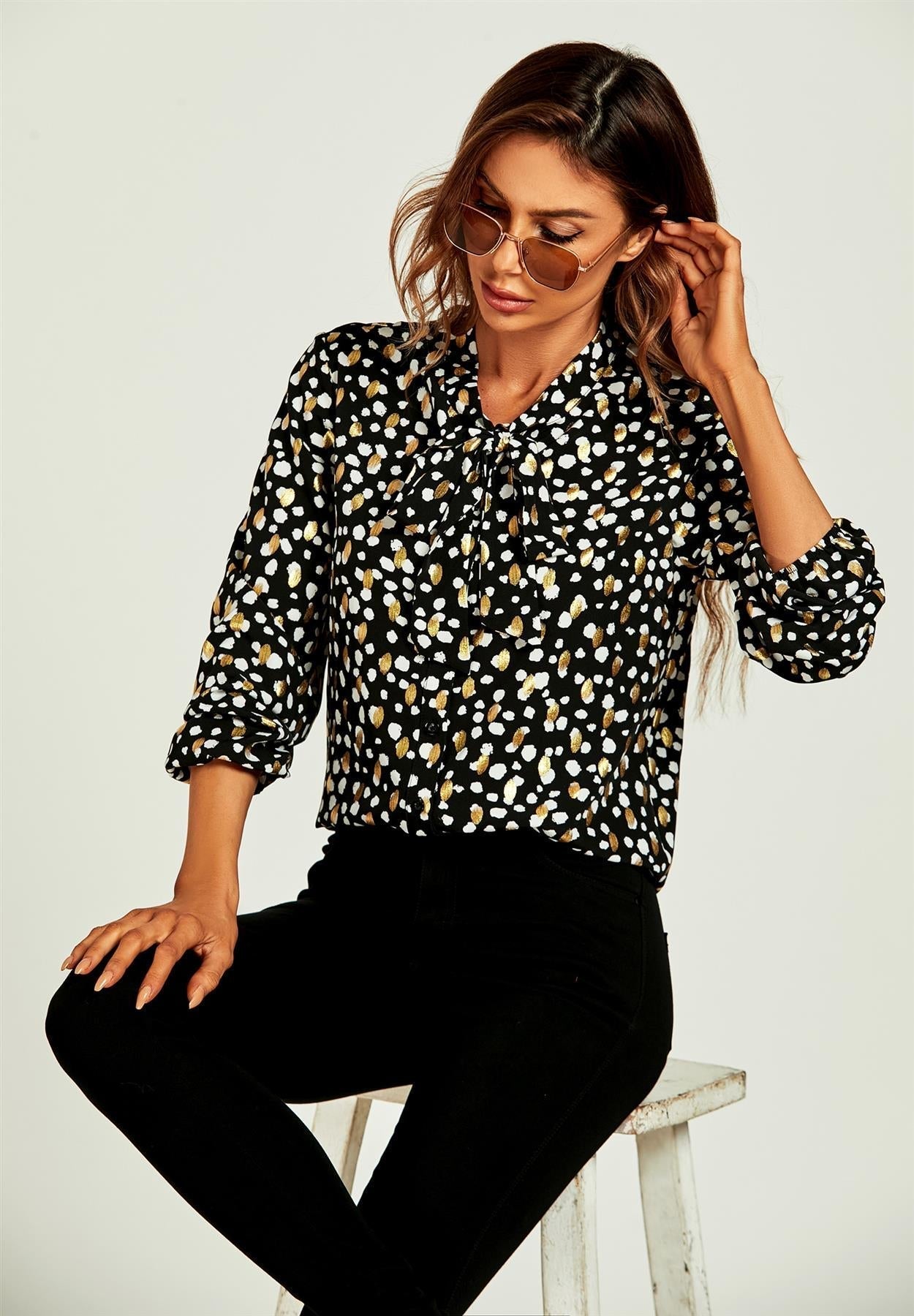 Gold Foil Leopard Print Pussybow Blouse/Top In Black - AXON