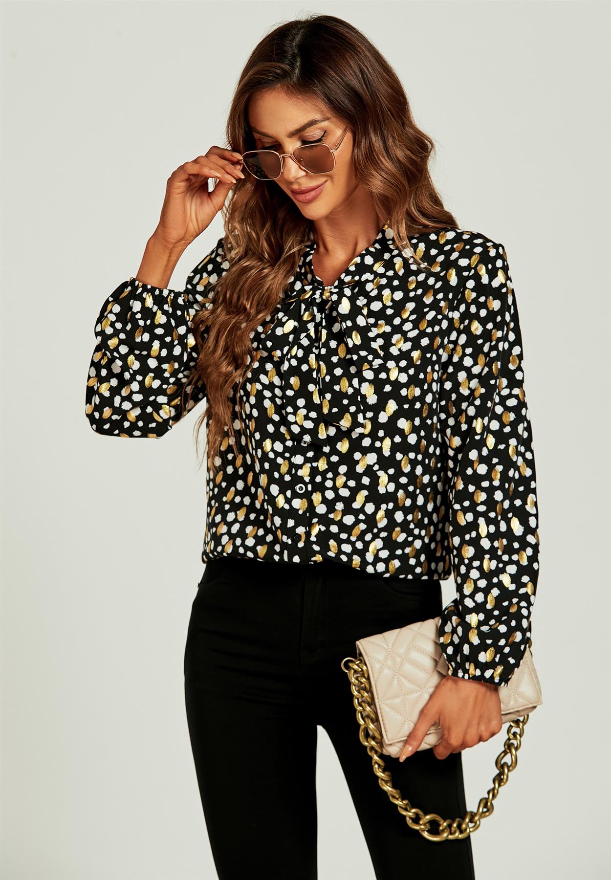 Gold Foil Leopard Print Pussybow Blouse/Top In Black - AXON