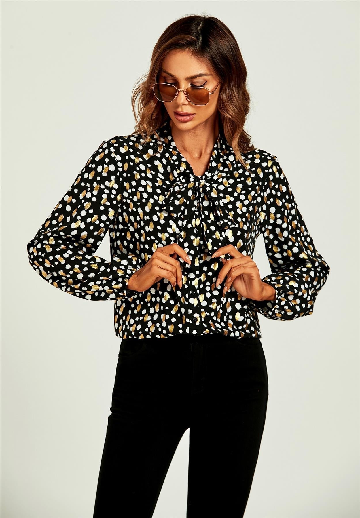 Gold Foil Leopard Print Pussybow Blouse/Top In Black - AXON
