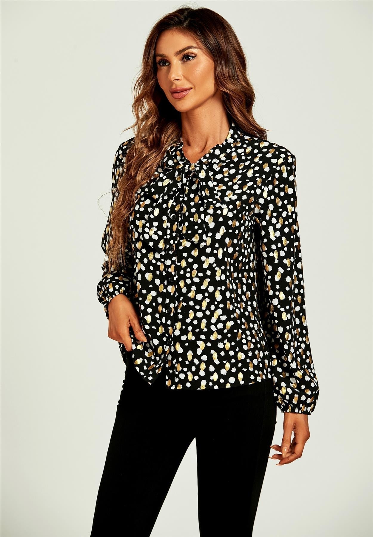 Gold Foil Leopard Print Pussybow Blouse/Top In Black - AXON