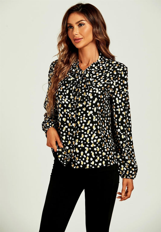Gold Foil Leopard Print Pussybow Blouse/Top In Black - AXON