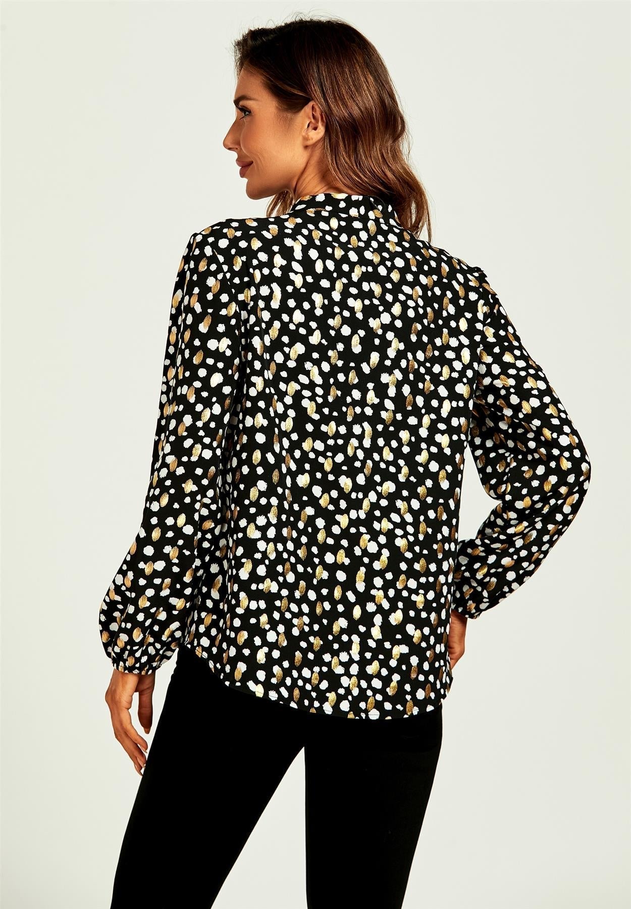 Gold Foil Leopard Print Pussybow Blouse/Top In Black - AXON
