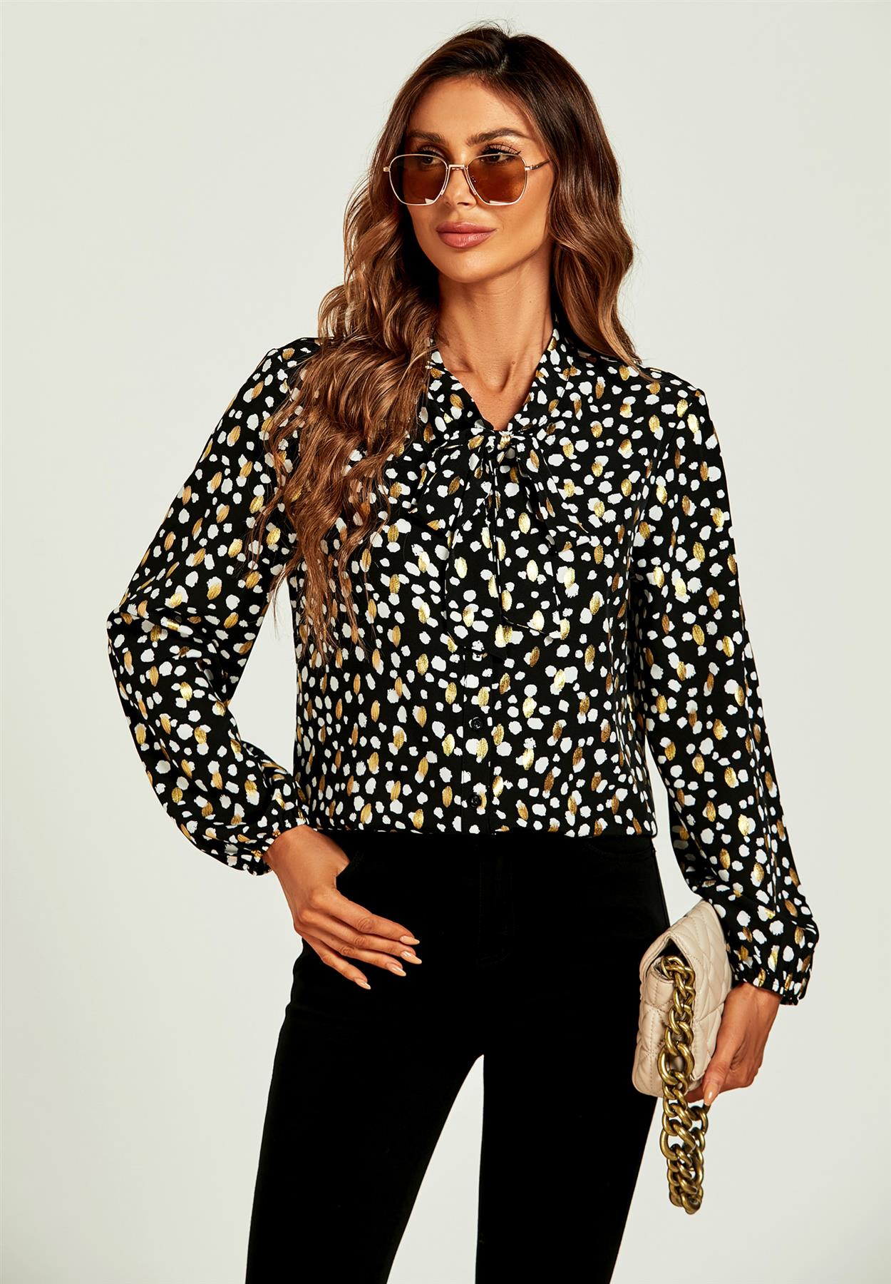 Gold Foil Leopard Print Pussybow Blouse/Top In Black - AXON
