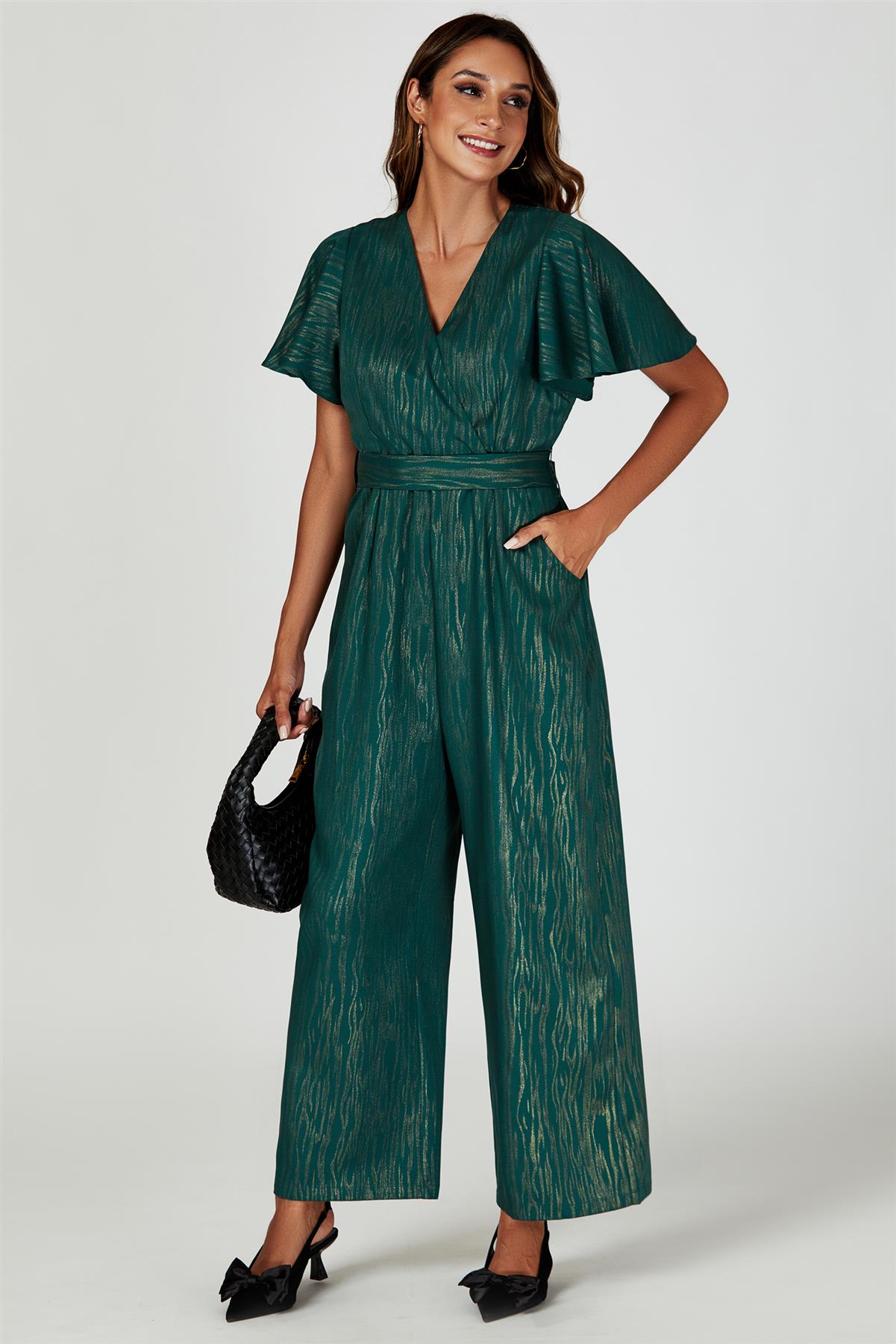 Gold Foil Print Wrap Top Jumpsuit In Green - AXON