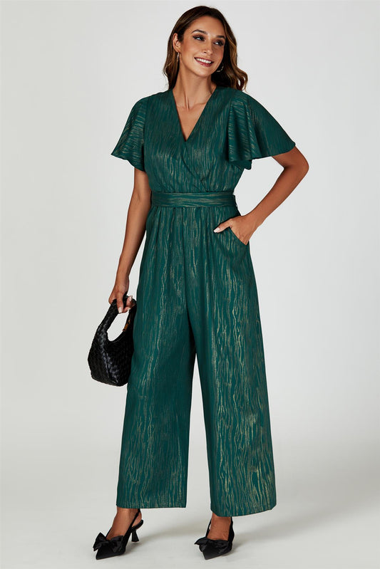 Gold Foil Print Wrap Top Jumpsuit In Green - AXON