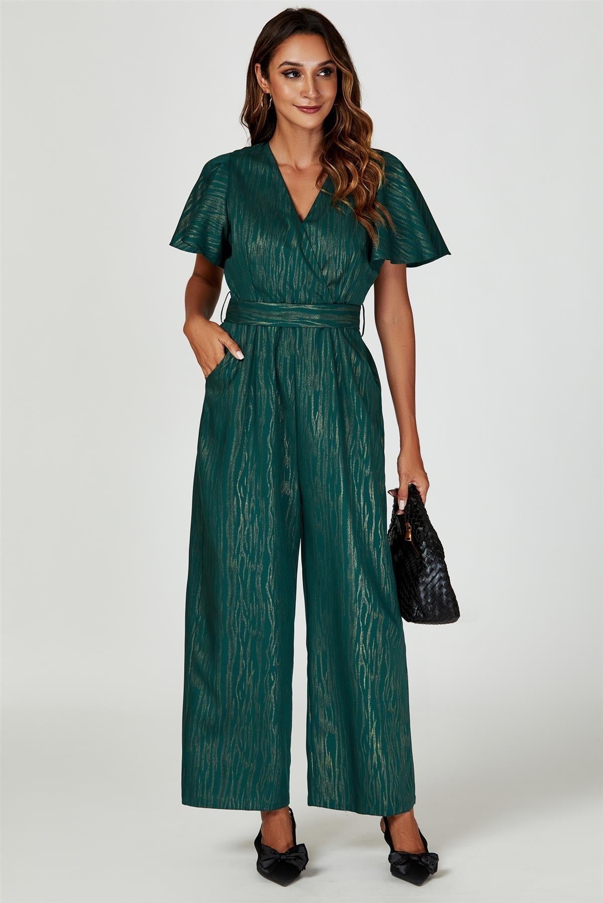 Gold Foil Print Wrap Top Jumpsuit In Green - AXON