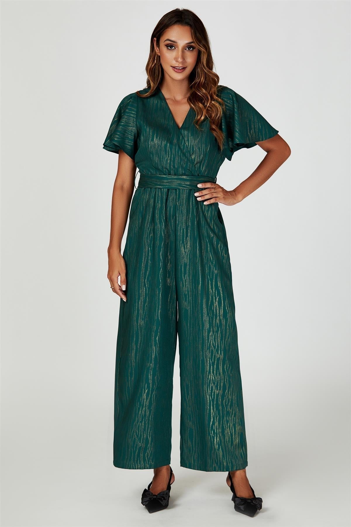 Gold Foil Print Wrap Top Jumpsuit In Green - AXON