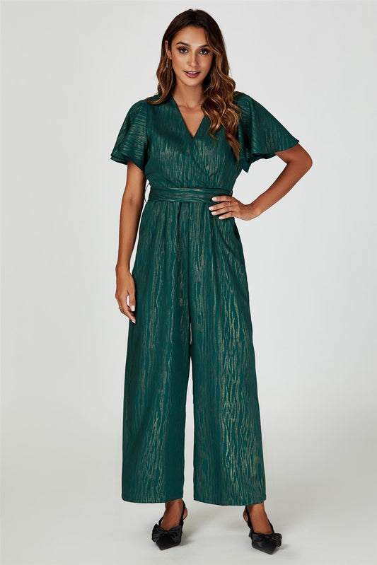 Gold Foil Print Wrap Top Jumpsuit In Green - AXON