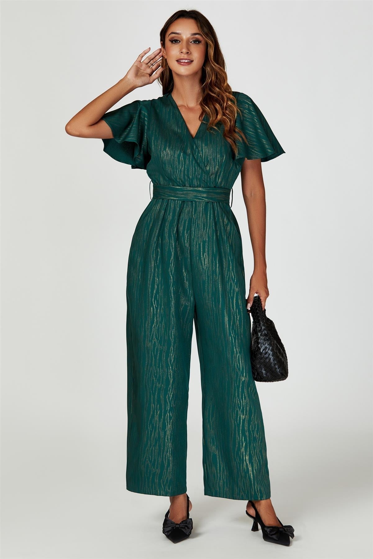 Gold Foil Print Wrap Top Jumpsuit In Green - AXON