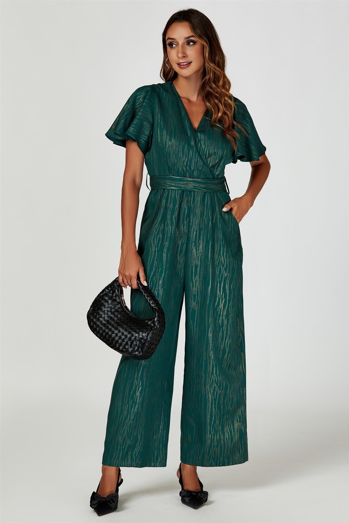 Gold Foil Print Wrap Top Jumpsuit In Green - AXON