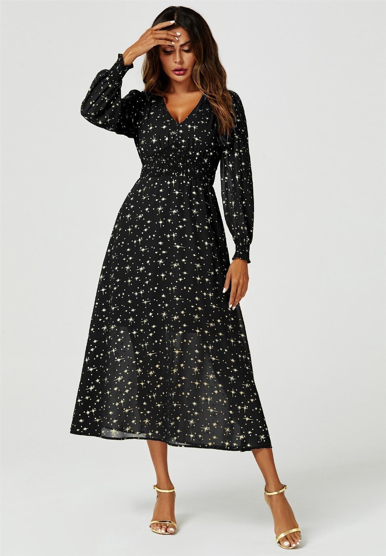 Gold Star Foil Long Sleeve Maxi Dress In Black - AXON