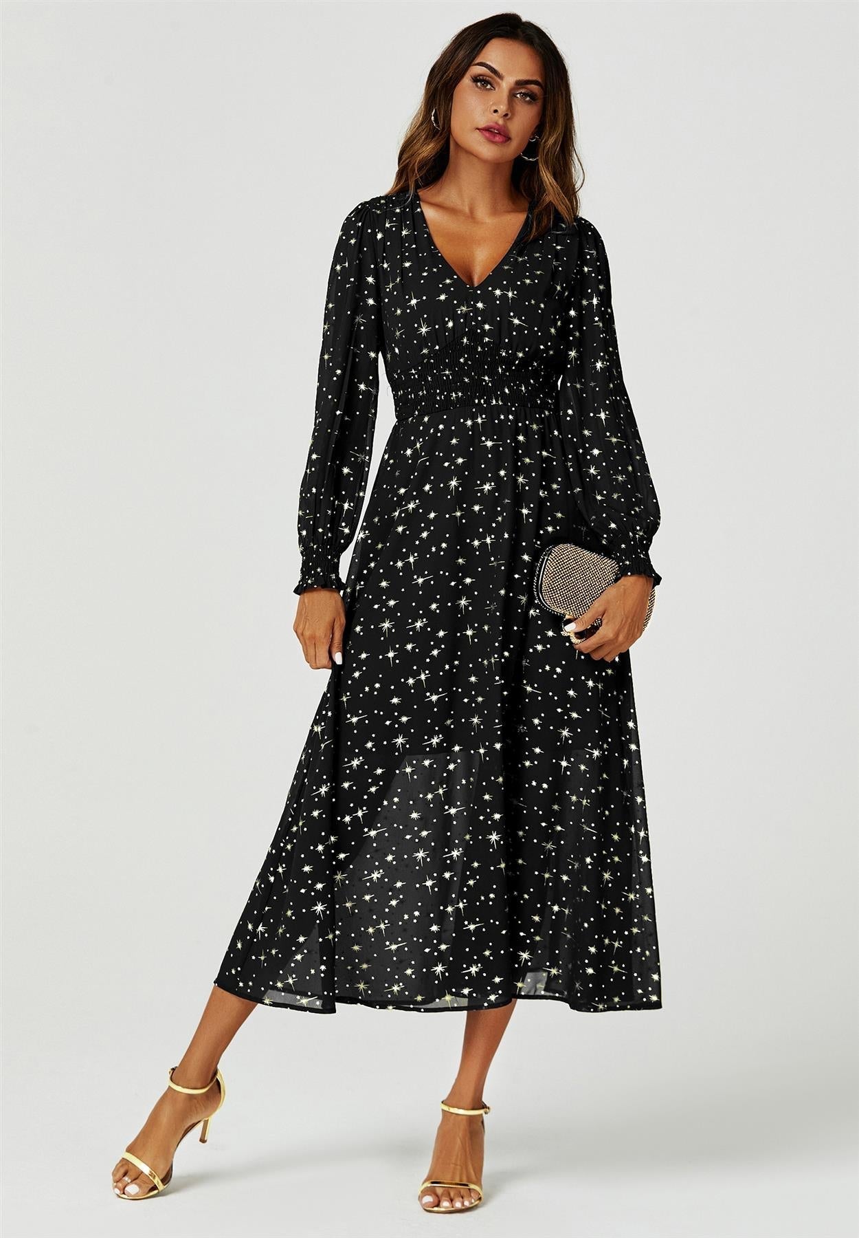 Gold Star Foil Long Sleeve Maxi Dress In Black - AXON