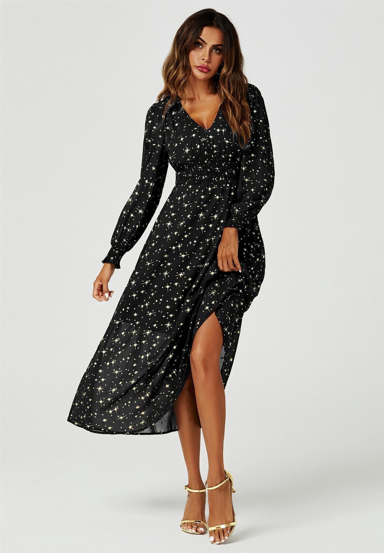 Gold Star Foil Long Sleeve Maxi Dress In Black - AXON