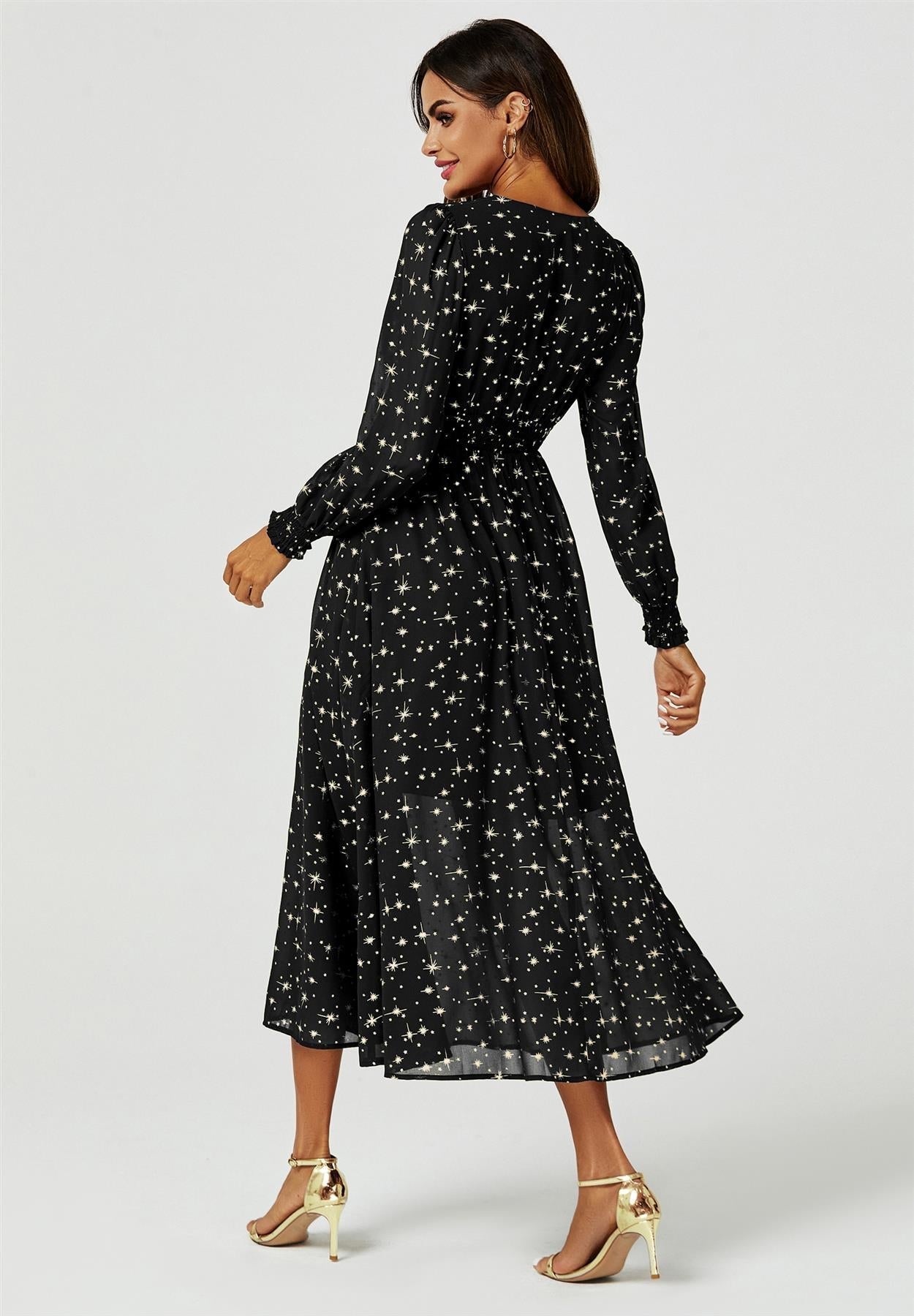 Gold Star Foil Long Sleeve Maxi Dress In Black - AXON