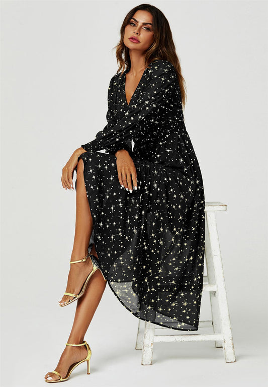 Gold Star Foil Long Sleeve Maxi Dress In Black - AXON