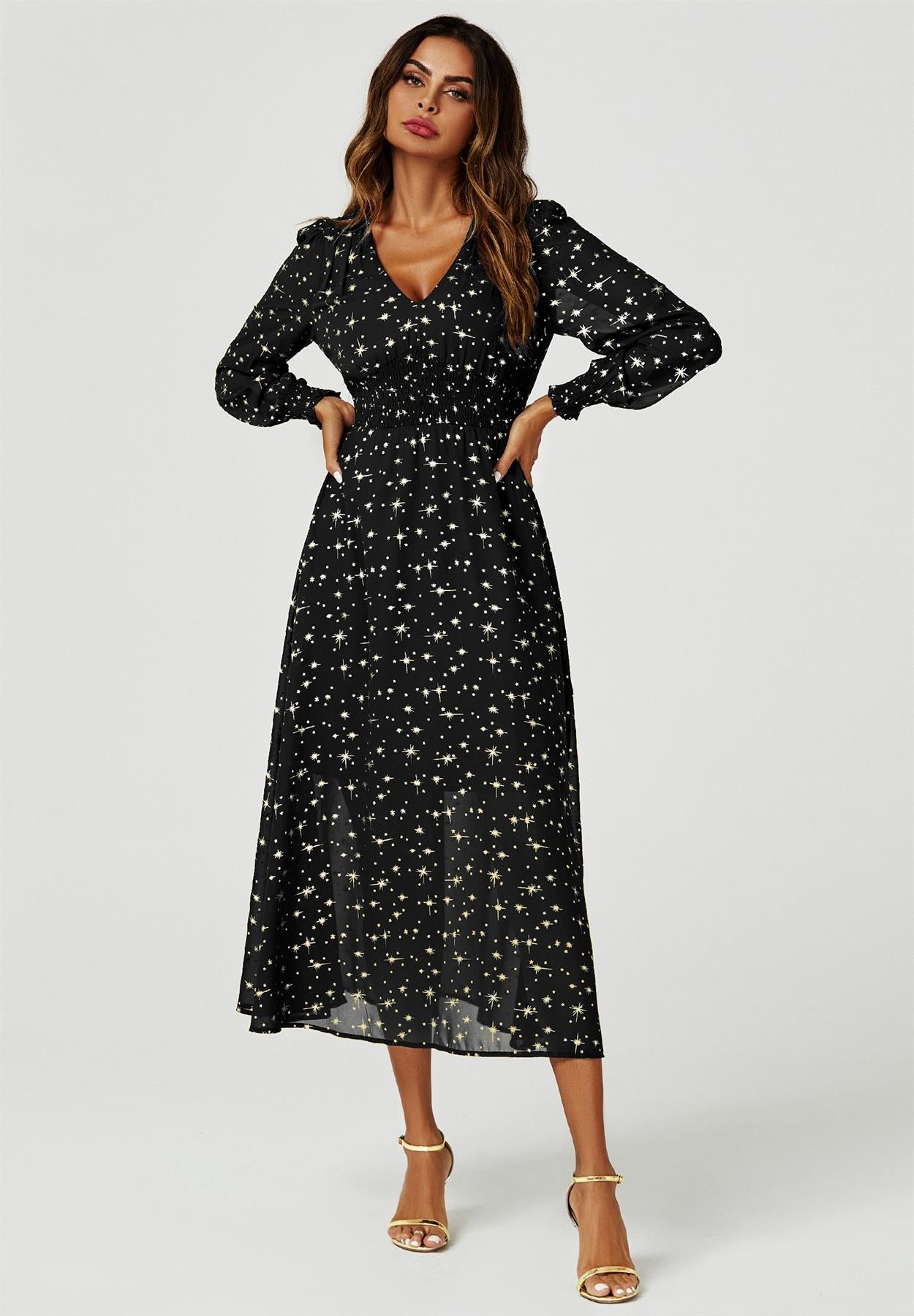 Gold Star Foil Long Sleeve Maxi Dress In Black - AXON