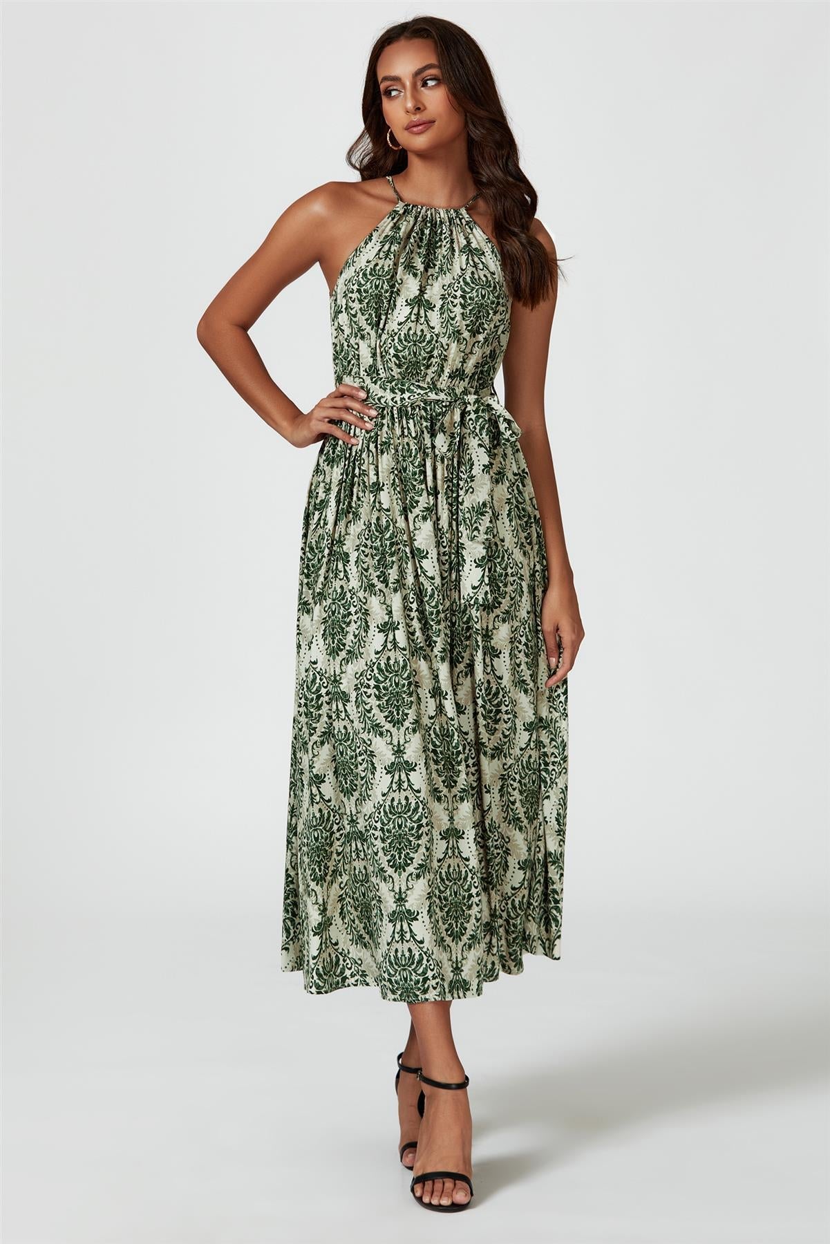 Green & Beige Floral Print Tie Halterneck Maxi Dress - AXON