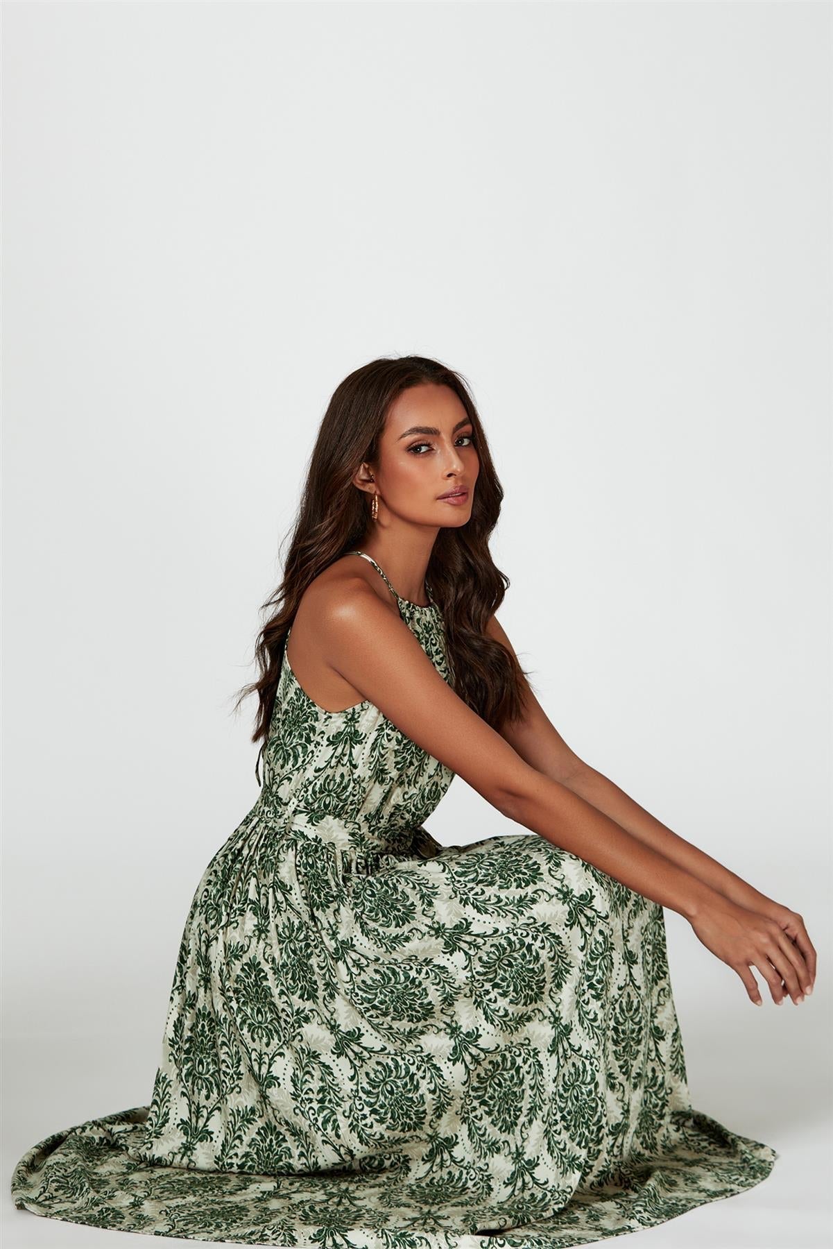 Green & Beige Floral Print Tie Halterneck Maxi Dress - AXON